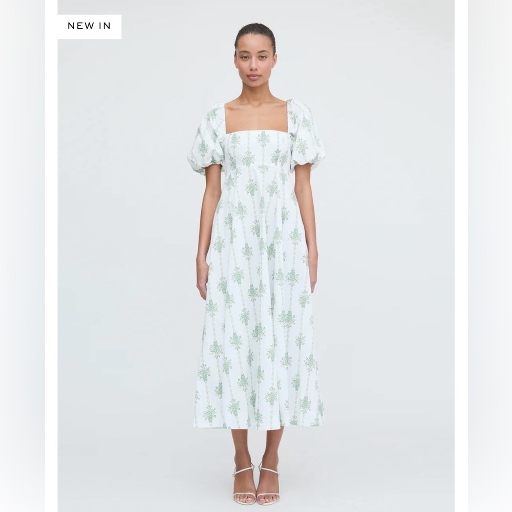 Hill House White Midi Dress with Light Green Print